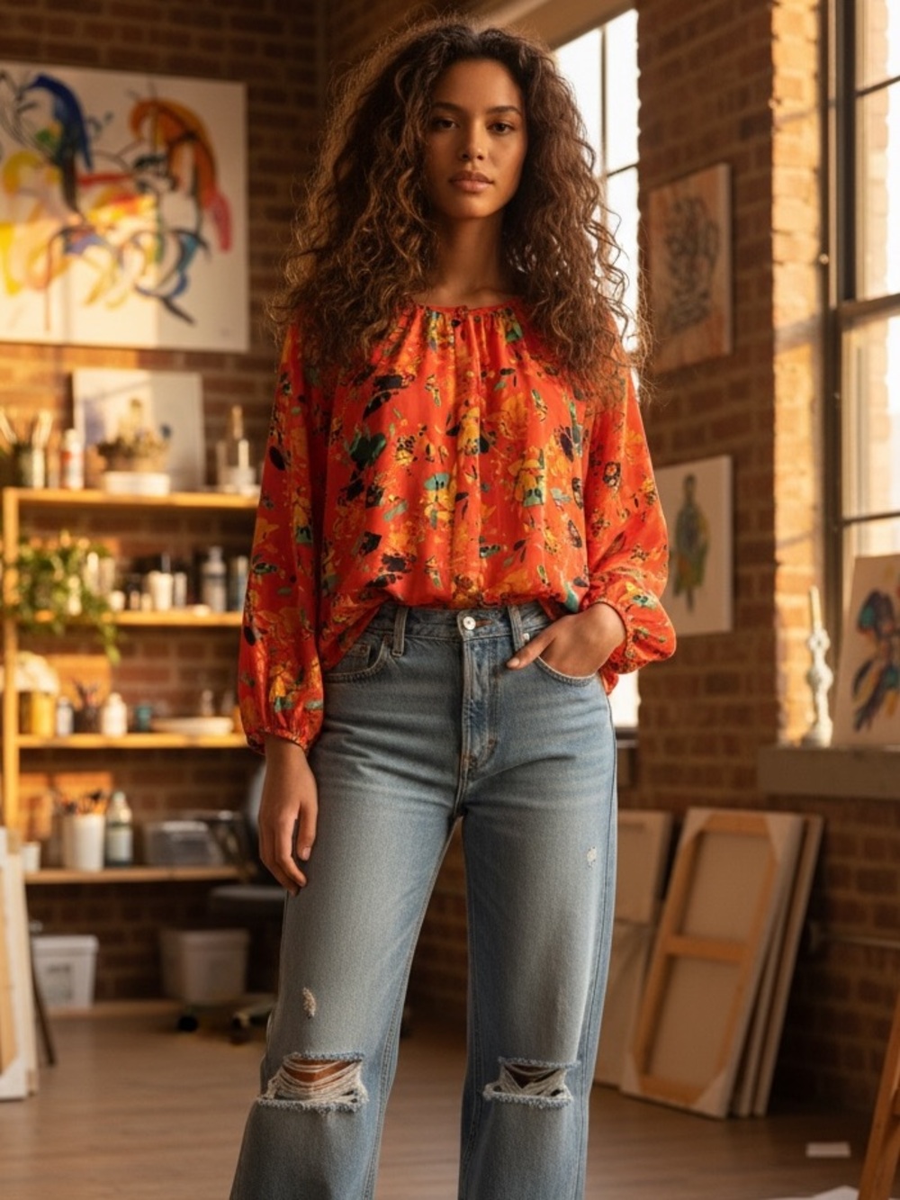 Anthropologie 100% Silk Floral Button Front Blouse Boho Retro 70s Oversized Top